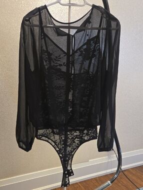 Sheer Black Lace Bodysuit with Long Sleeves
